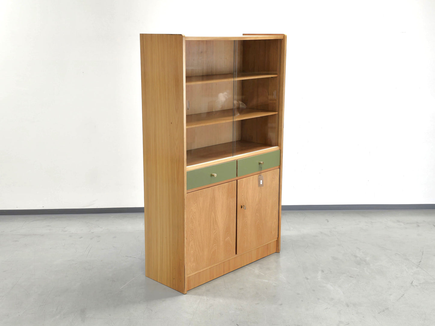 VINTAGE VITRINE schrank regal kommode holz glas grün ddr 1960er rüster