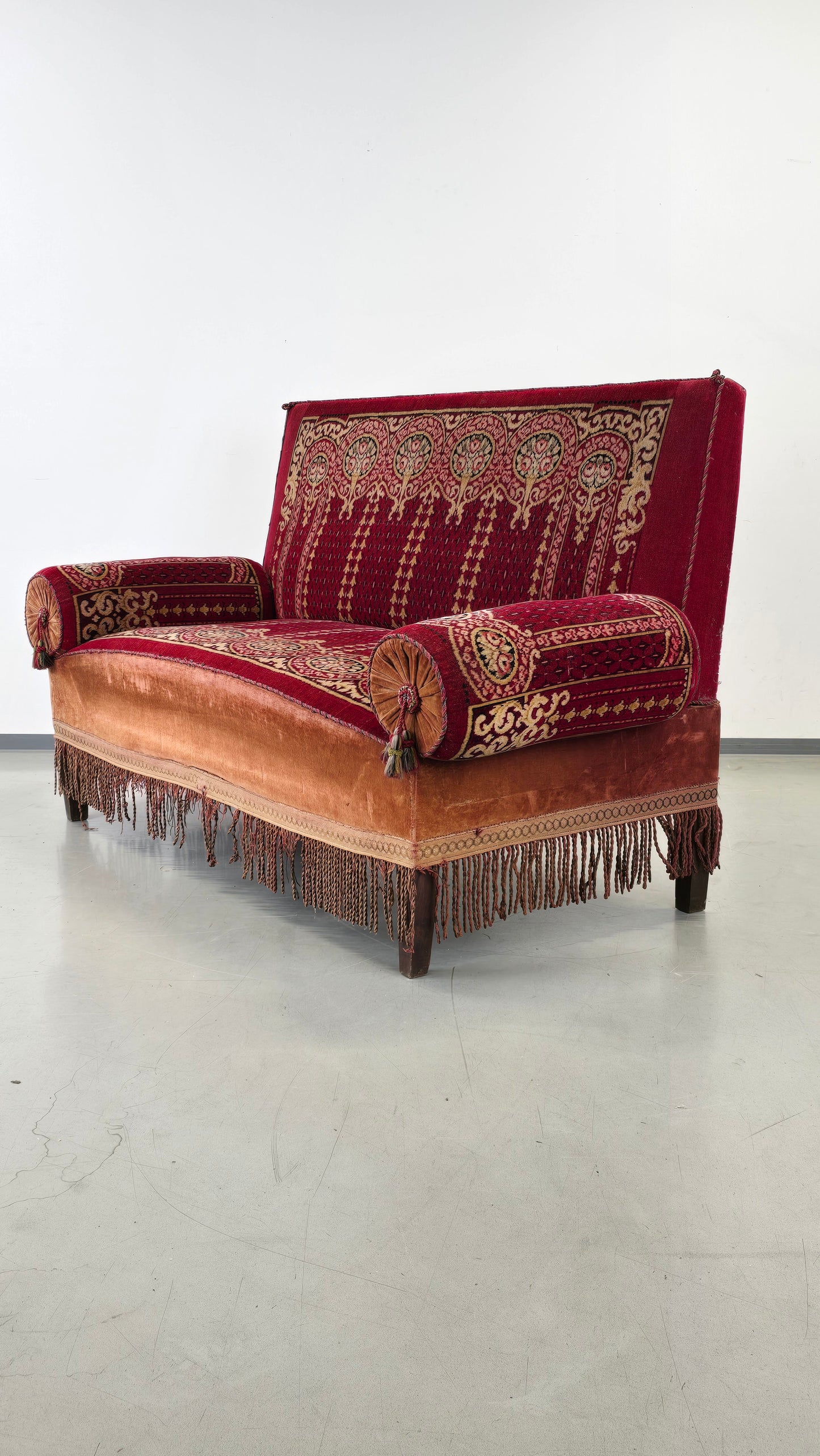 GRÜNDERZEIT SOFA Antik Diwan Samt Orient Prunkbank Kelim-Optik Rot Retro