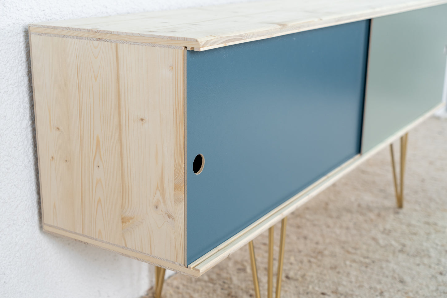 R&F Designer Sideboard Massiv Holz Kommode Schiebetüren Vintage Mid Century