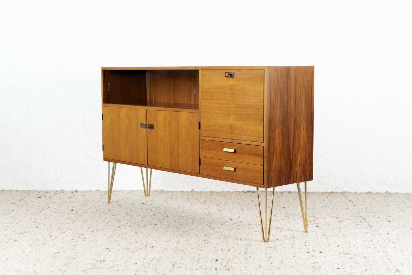 Vintage Sideboard Kommode Vitrine Minibar Holz Nuss Mid Century