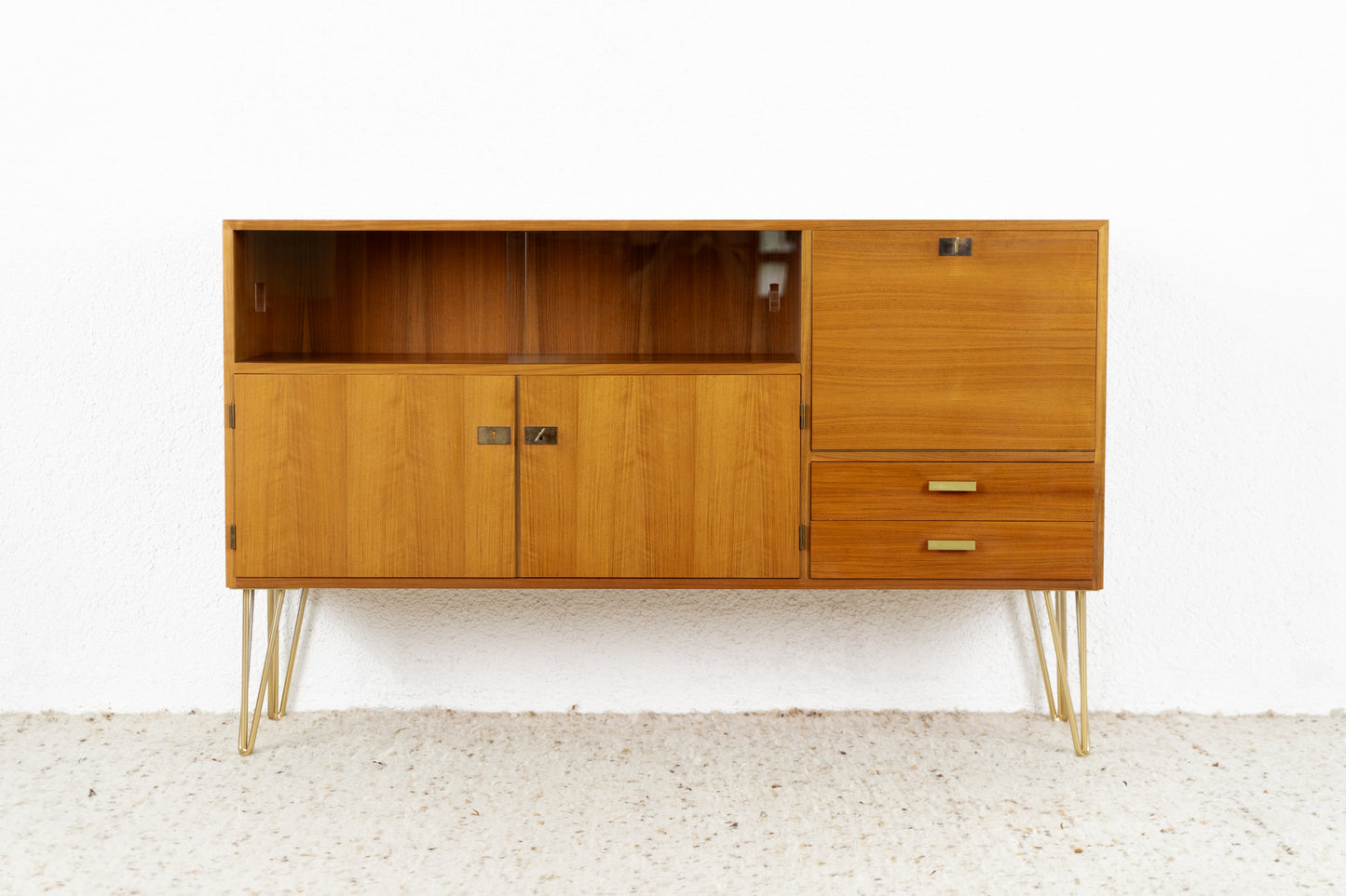 Vintage Sideboard Kommode Vitrine Minibar Holz Nuss Mid Century