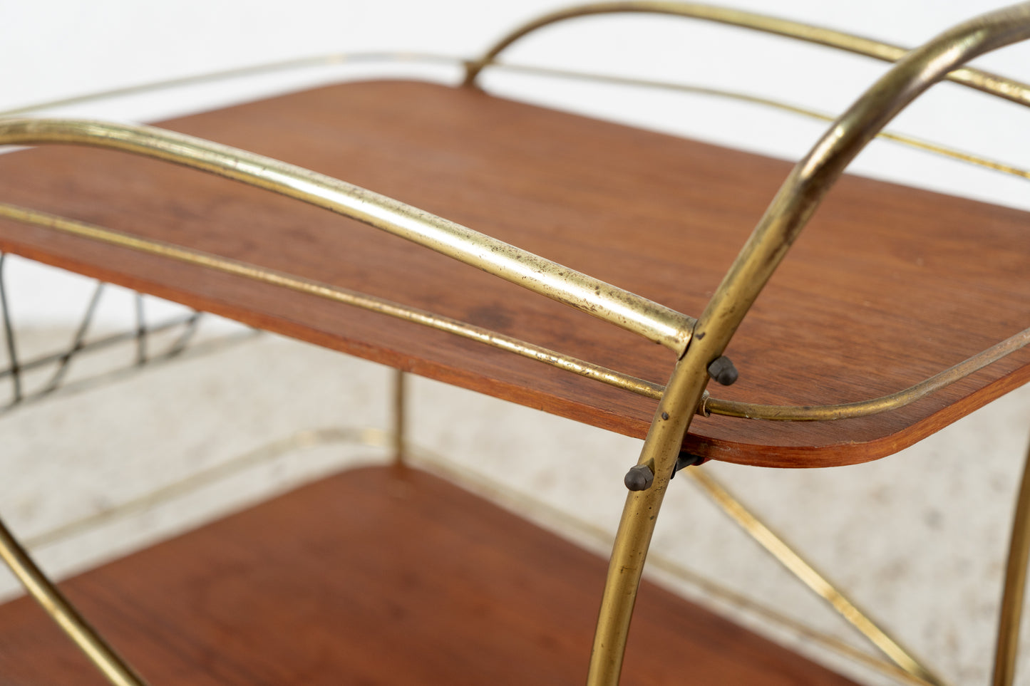Vintage Servierwagen Beistelltisch Blumentisch Mid Century Holz Gold Teak Messing