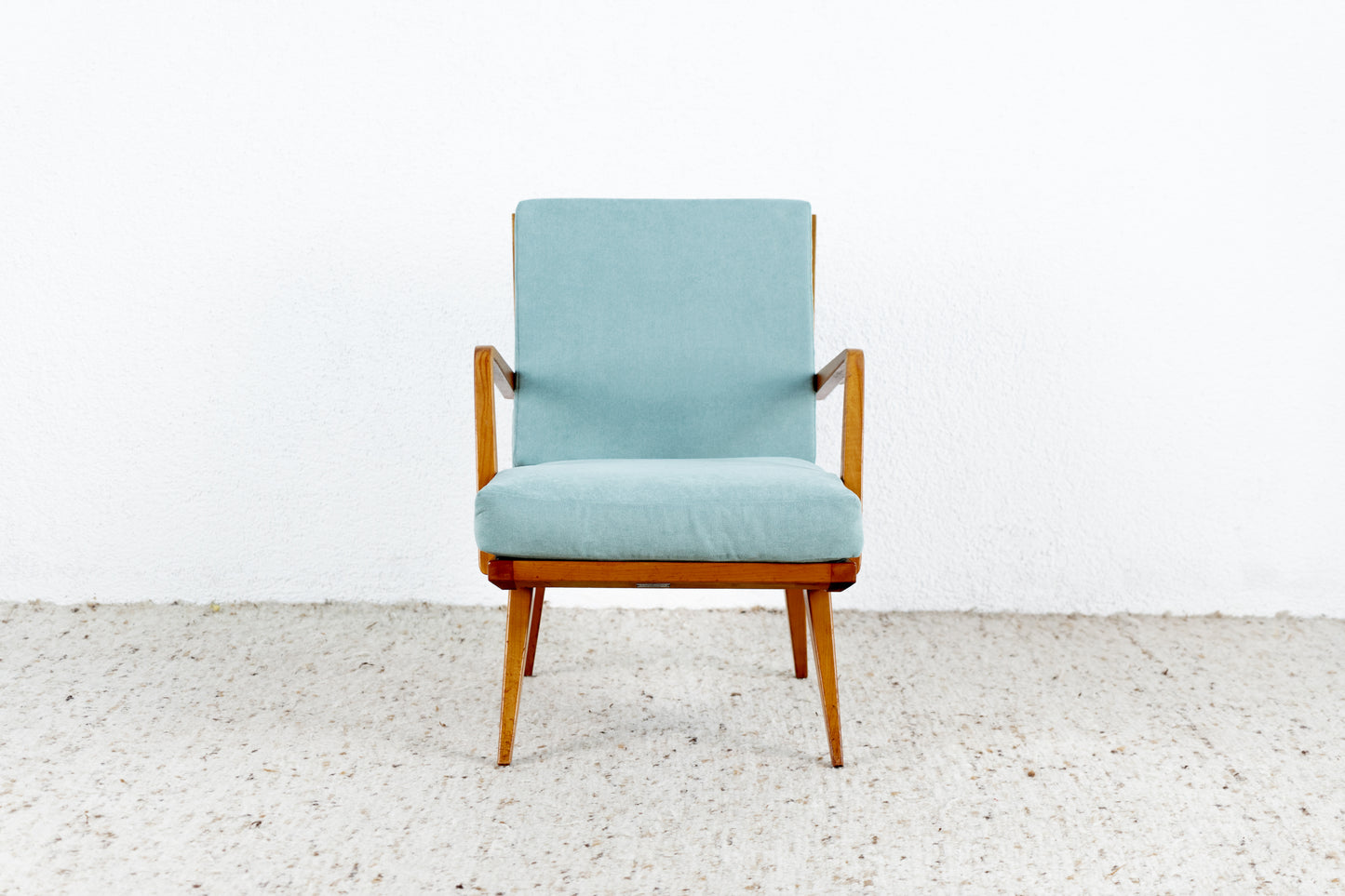 Knoll Antimott Vintage Sessel Massivholz Hellblau Salbei Stuhl Mid Century Holz