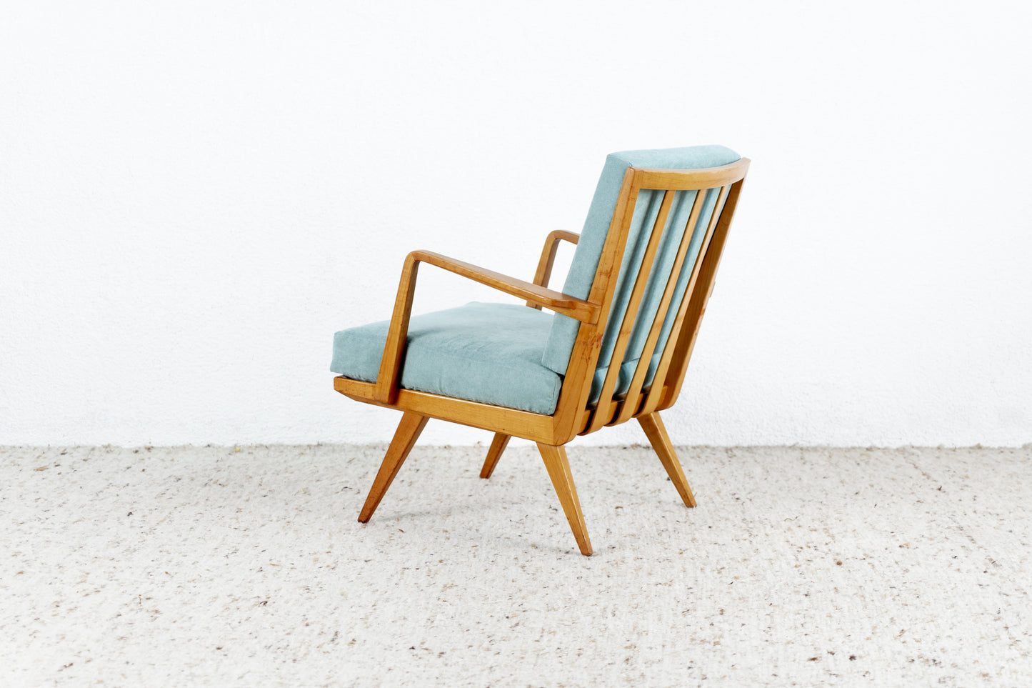 Knoll Antimott Vintage Sessel Massivholz Hellblau Salbei Stuhl Mid Century Holz