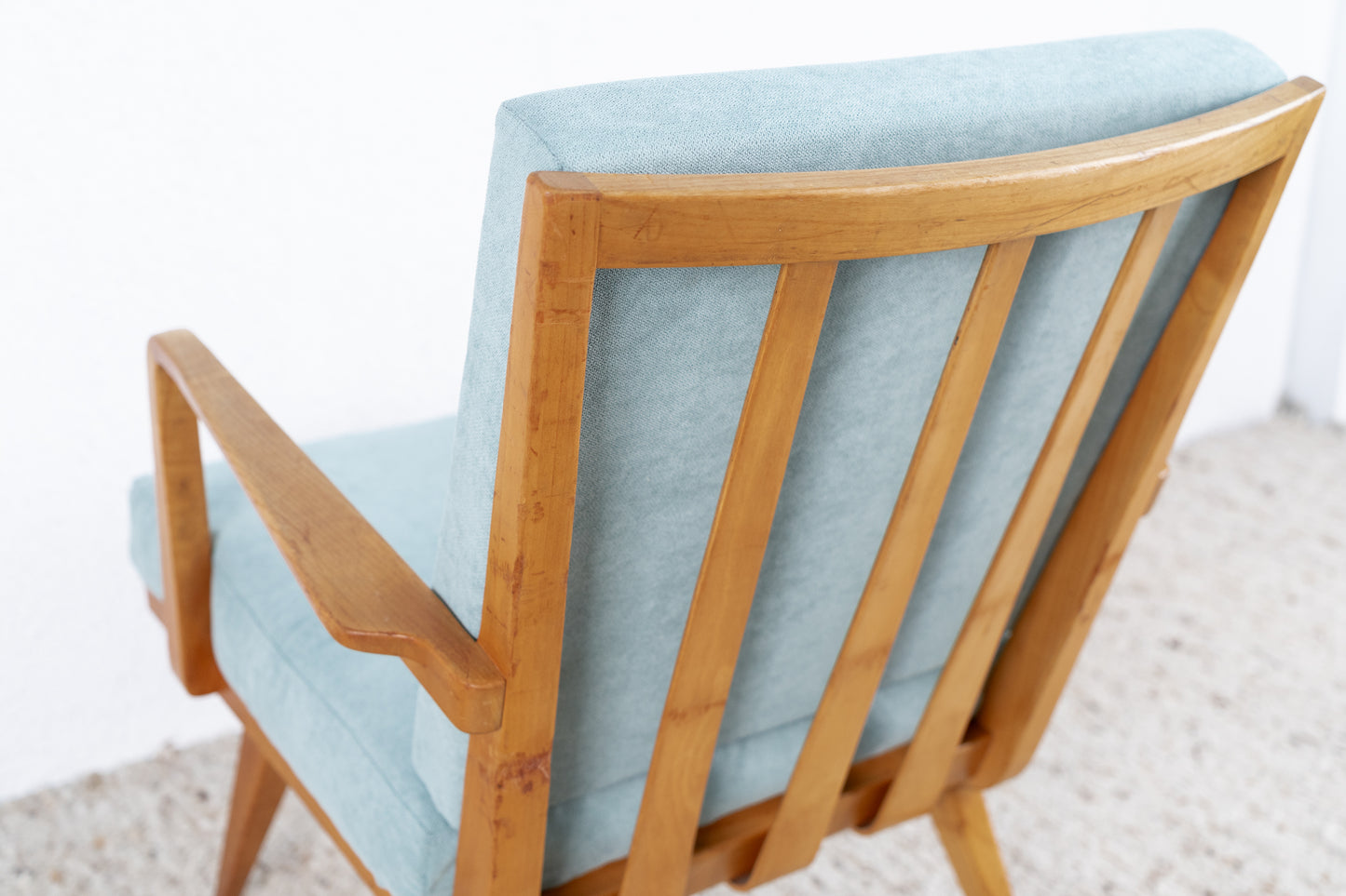 Knoll Antimott Vintage Sessel Massivholz Hellblau Salbei Stuhl Mid Century Holz