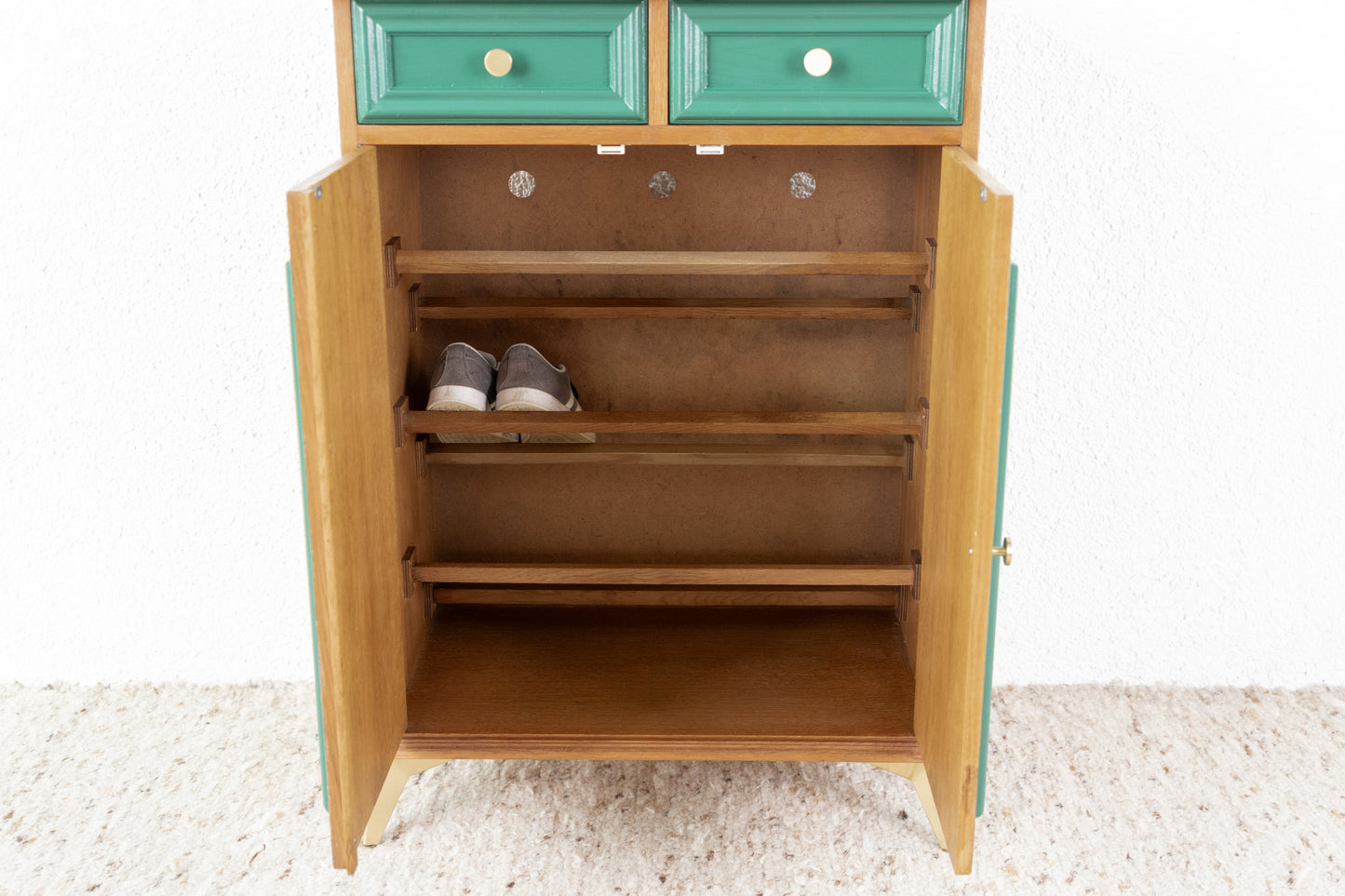 Vintage Schuhkommode Schränkchen Kommode Eiche Gold Holz Grün Schuhschrank Flur