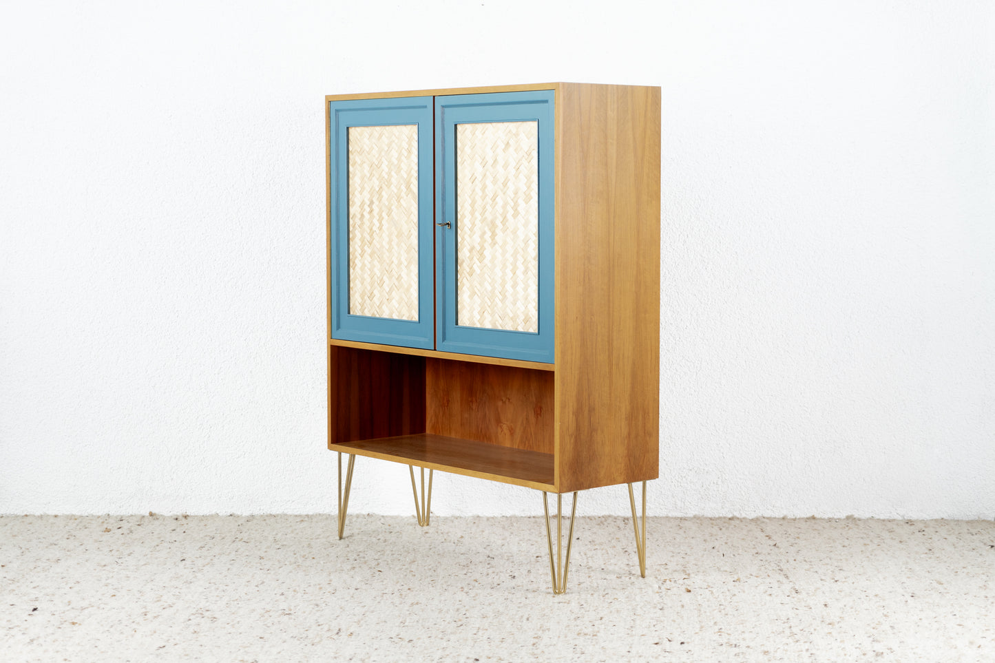 Vintage Kommode Schrank Holz Nuss Geflecht 60s 1960 Pastell Kleider Büro Küche