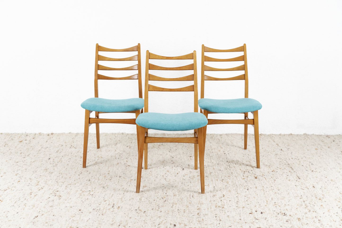 3er Set Vintage Stühle Holzgestell Petrol Blau Mid Century 1960er Stuhl