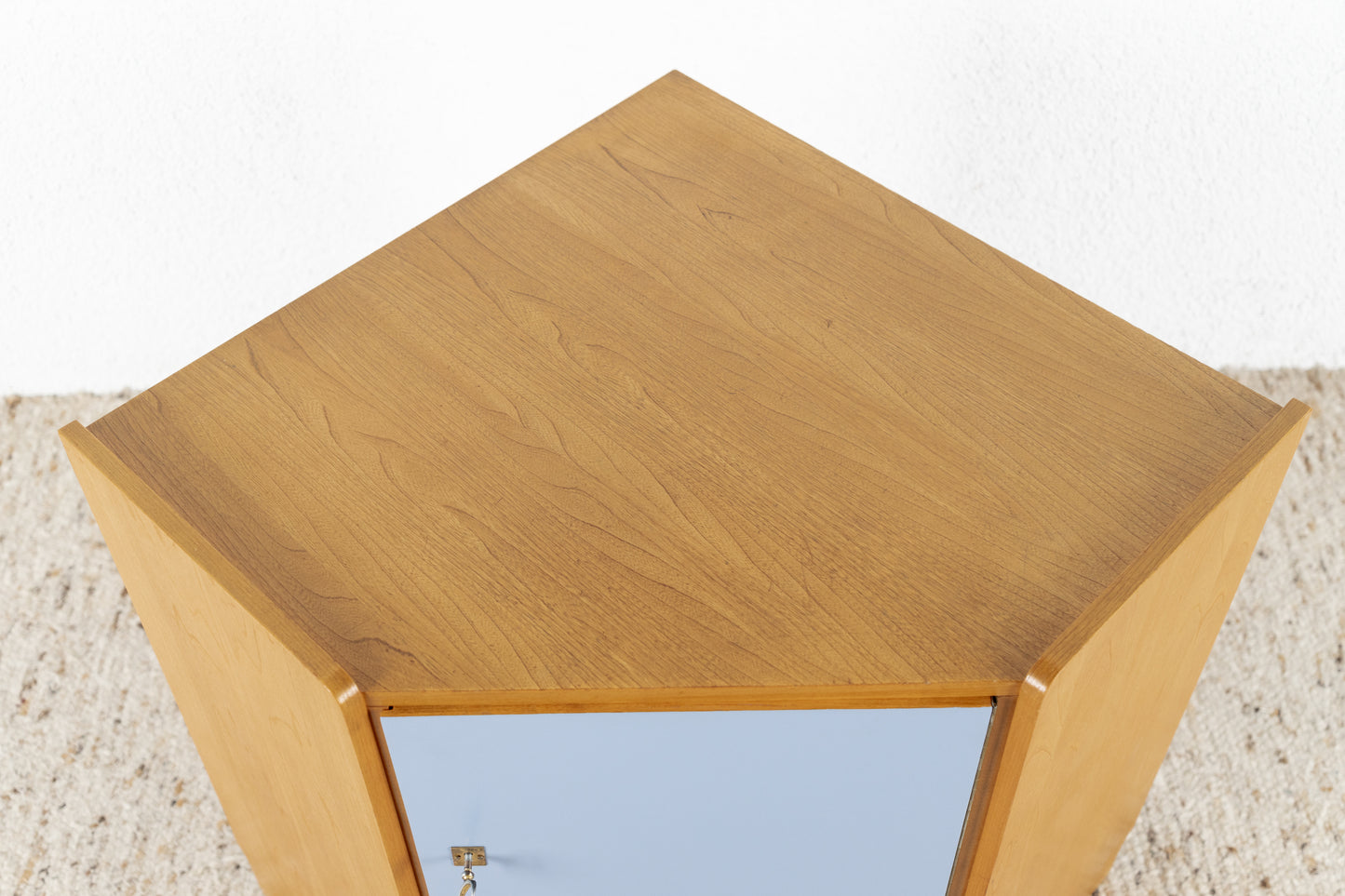 Vintage Eckkommode Eckschrank Holz Blau Rüster DDR Bauhaus Pastell