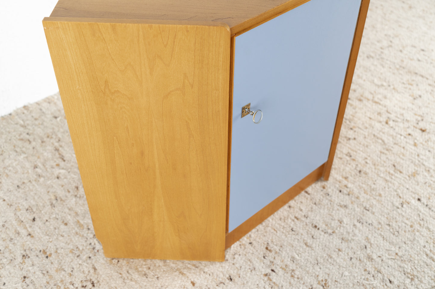 Vintage Eckkommode Eckschrank Holz Blau Rüster DDR Bauhaus Pastell