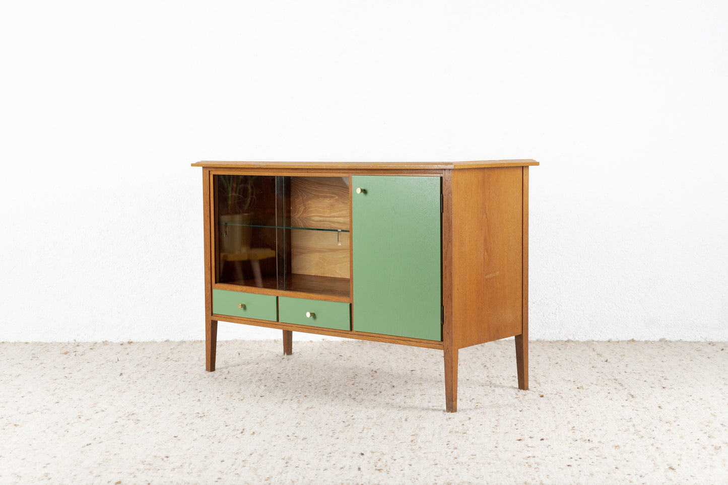 Vintage Kommode Vitrine Sideboard Holz Glas Eiche Pastell Gold Schränkchen