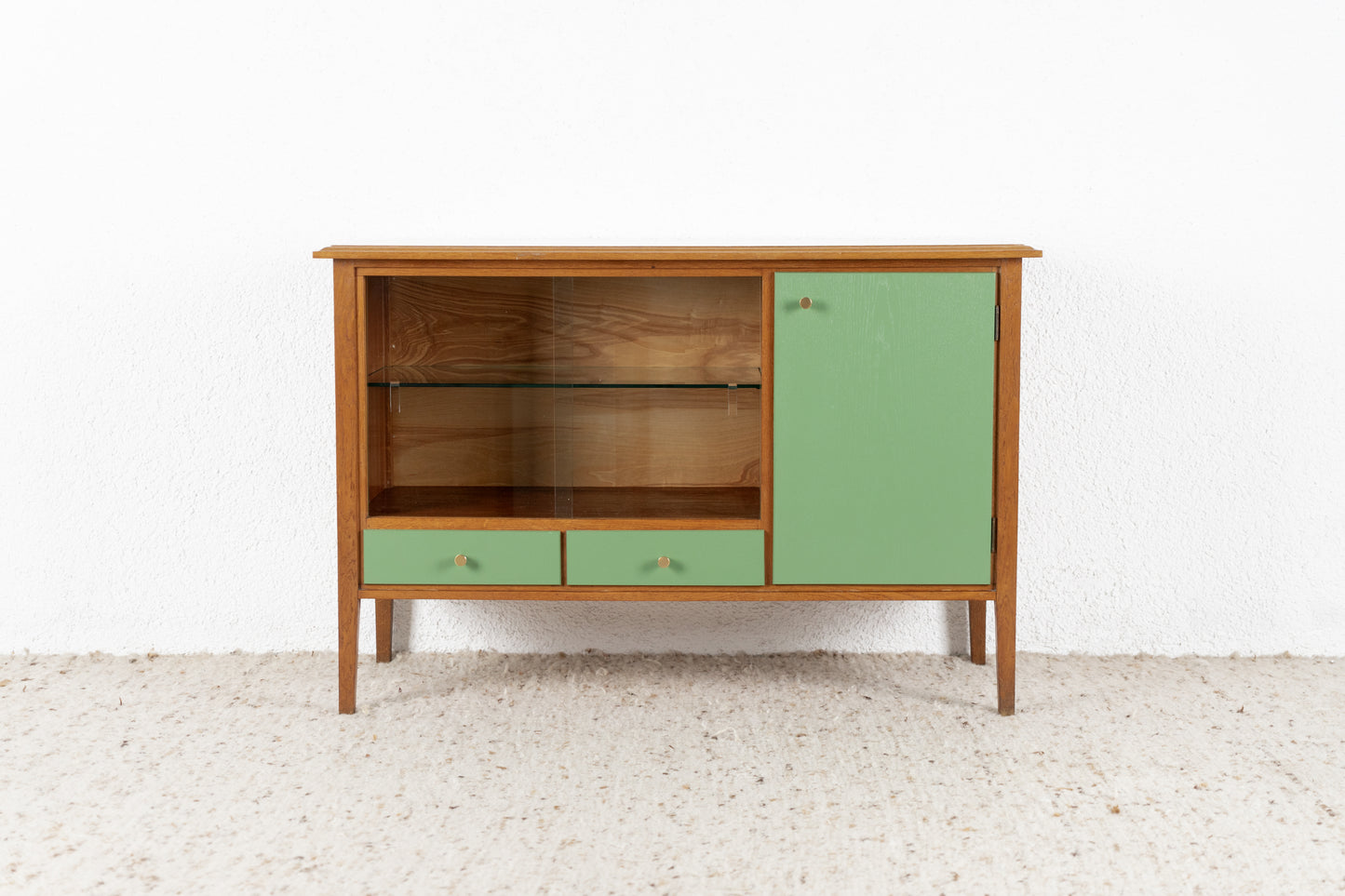 Vintage Kommode Vitrine Sideboard Holz Glas Eiche Pastell Gold Schränkchen