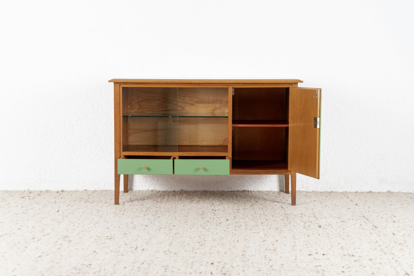 Vintage Kommode Vitrine Sideboard Holz Glas Eiche Pastell Gold Schränkchen