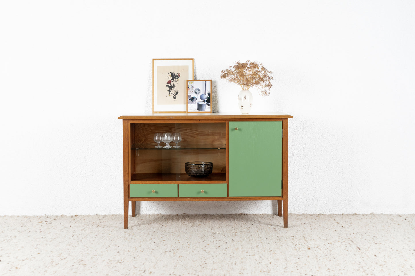 Vintage Kommode Vitrine Sideboard Holz Glas Eiche Pastell Gold Schränkchen