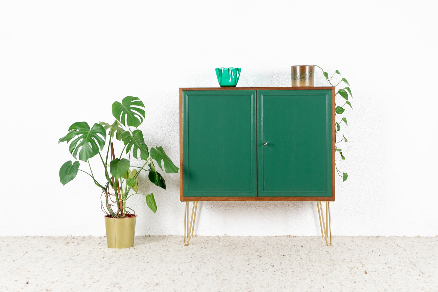 Vintage Kommode Sideboard Schrank Holz Nuss Grün Mid Century