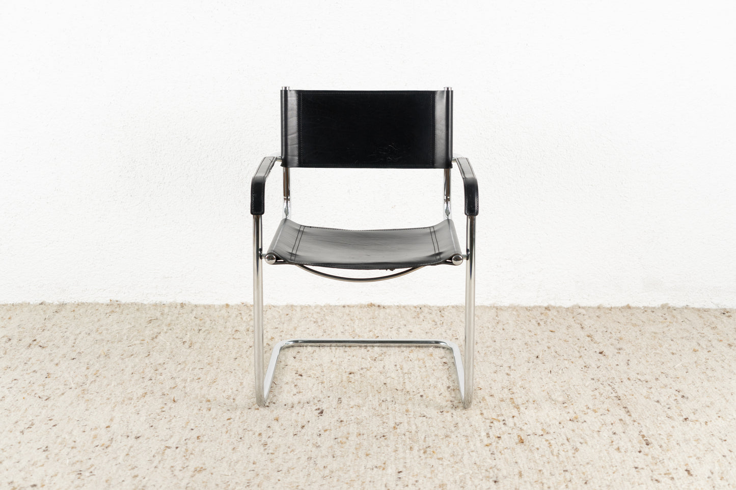 Vintage Stuhl Freischwinger Bürostuhl Marcel Breuer Design Chromgestell Leder Schwarz