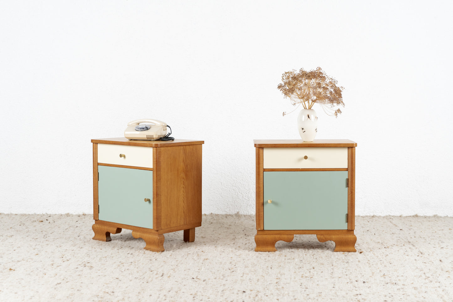 2er Set Vintage Nachttische Holz Salbei Creme Kommode Schränkchen
