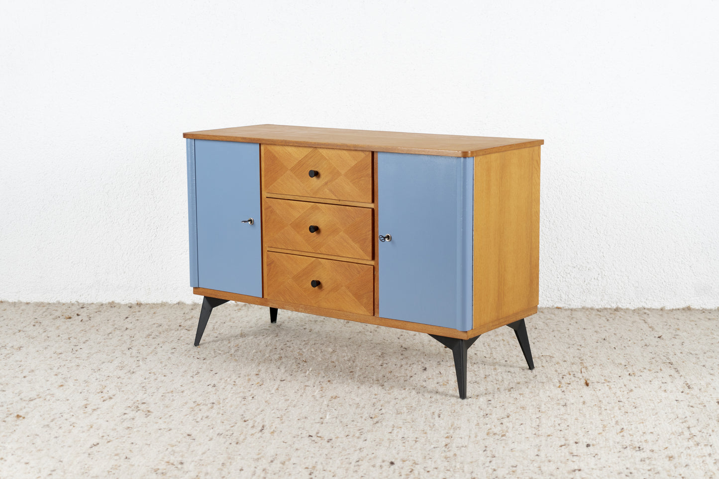 Vintage Kommode Sideboard Schubladenkommode Mid Century Holz Blau 60s