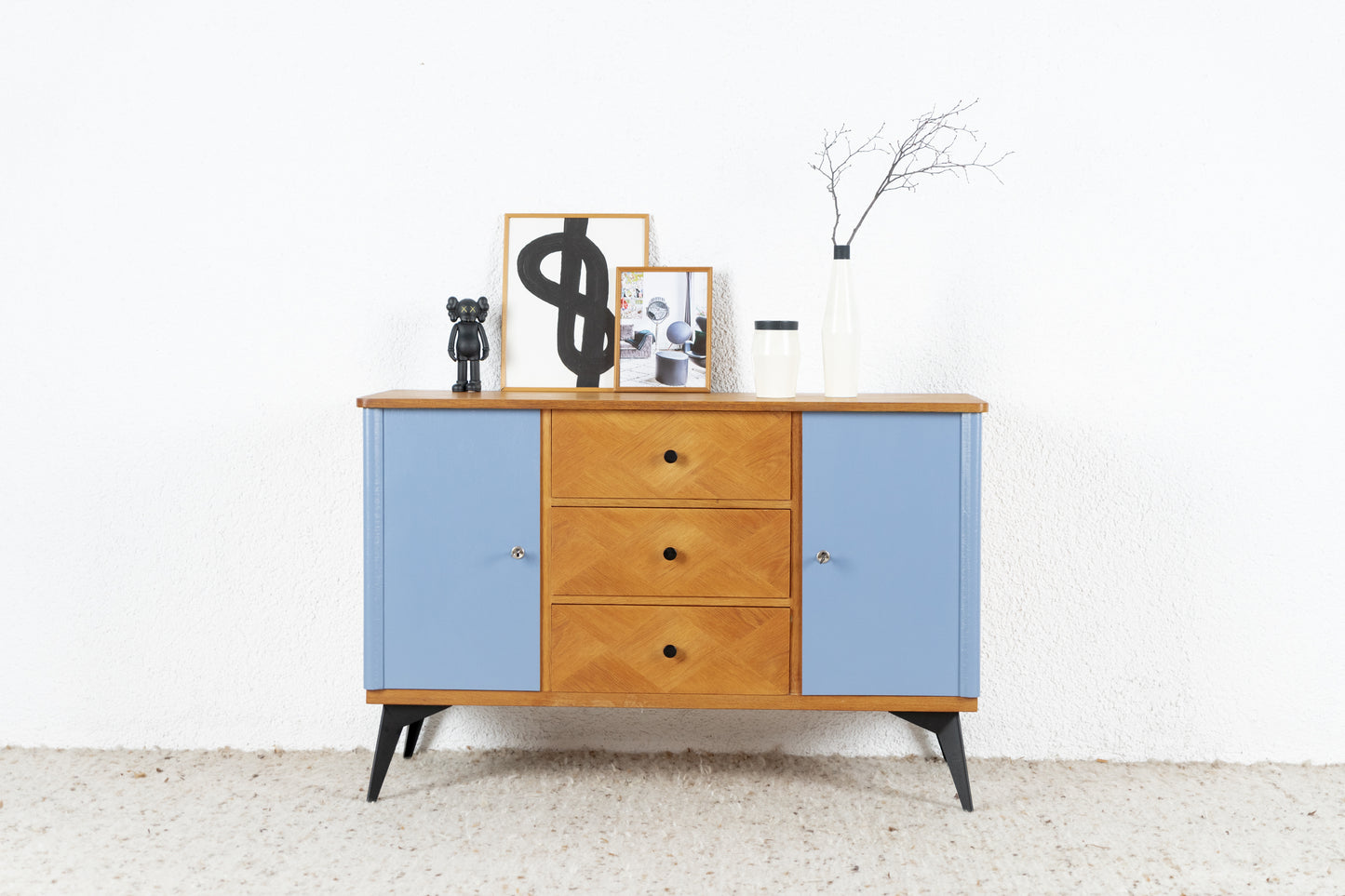 Vintage Kommode Sideboard Schubladenkommode Mid Century Holz Blau 60s