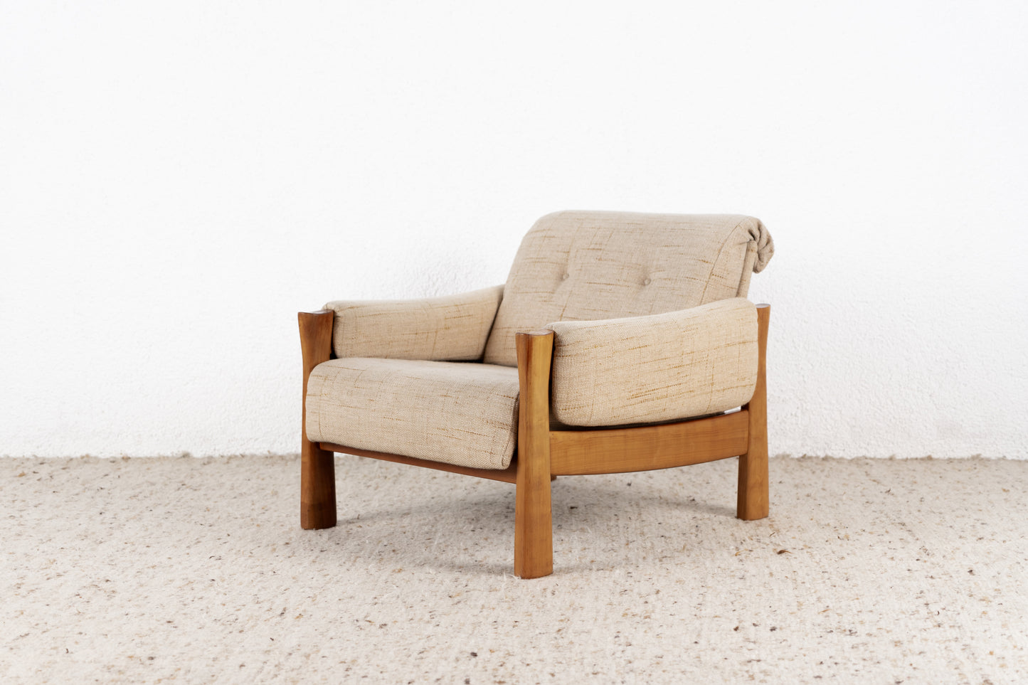 Vintage Sessel Massivholz Beige Mid Century Stuhl Nuss Holz