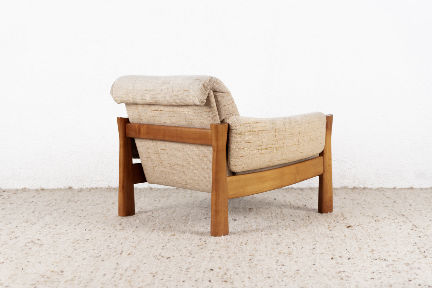 Vintage Sessel Massivholz Beige Mid Century Stuhl Nuss Holz