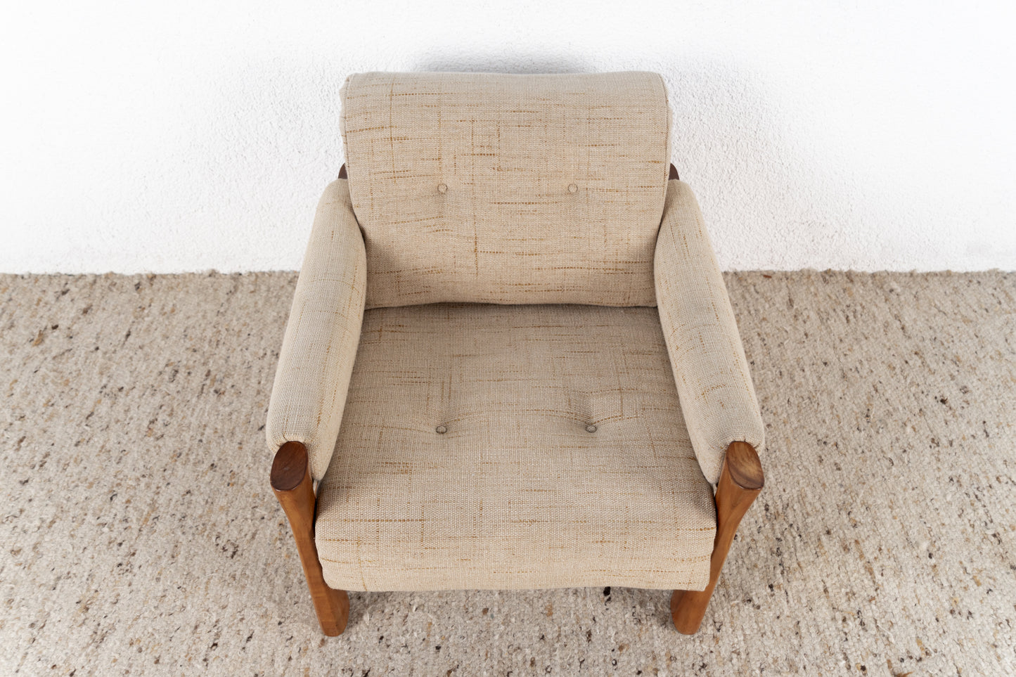 Vintage Sessel Massivholz Beige Mid Century Stuhl Nuss Holz