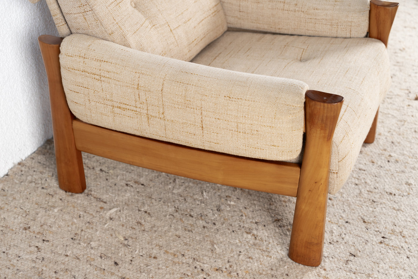 Vintage Sessel Massivholz Beige Mid Century Stuhl Nuss Holz