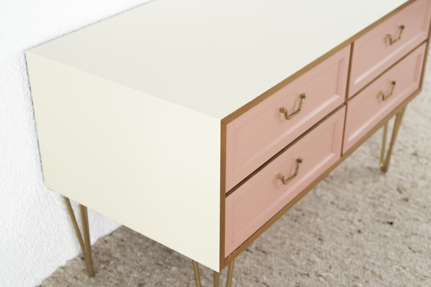 Vintage GERO Sideboard Kommode Mid Century Rosa Creme Gold Schubladen Tv Low Board