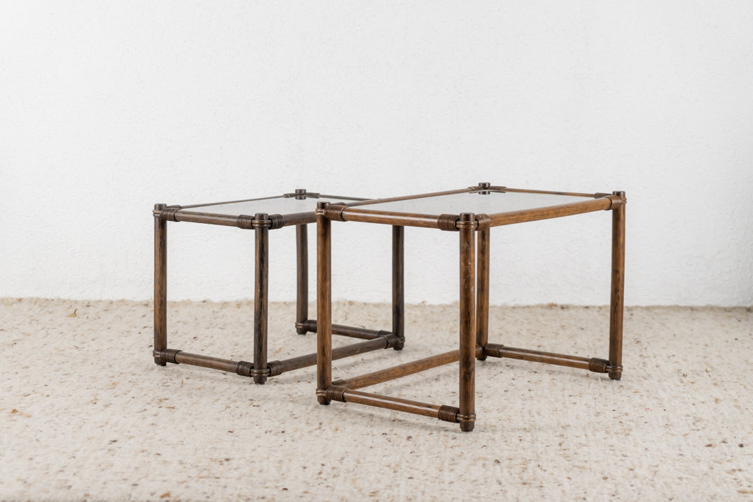 Vintage Beistelltisch 2er Set Couchtisch Holz Rauchglas