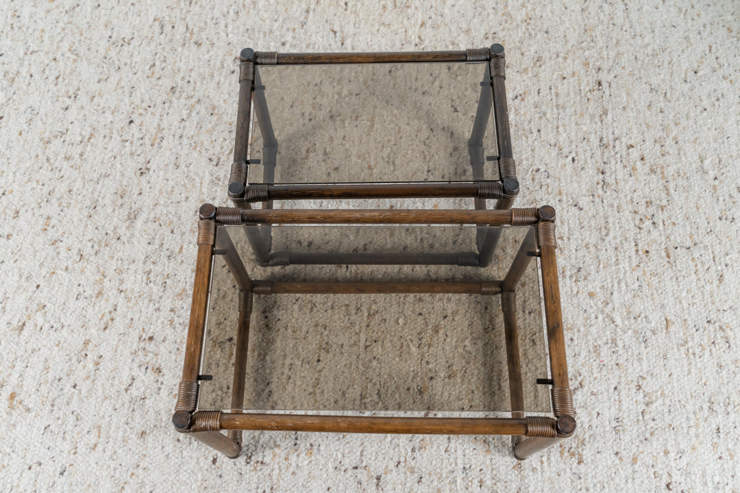 Vintage Beistelltisch 2er Set Couchtisch Holz Rauchglas