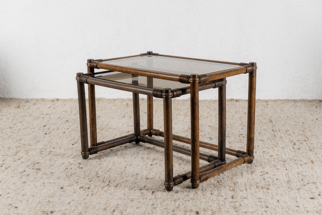 Vintage Beistelltisch 2er Set Couchtisch Holz Rauchglas