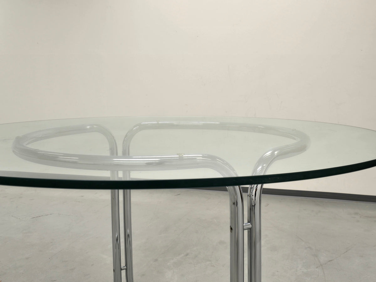 SPACE AGE GLASTISCH rund tisch esstisch büro postmodern chrom glas designer