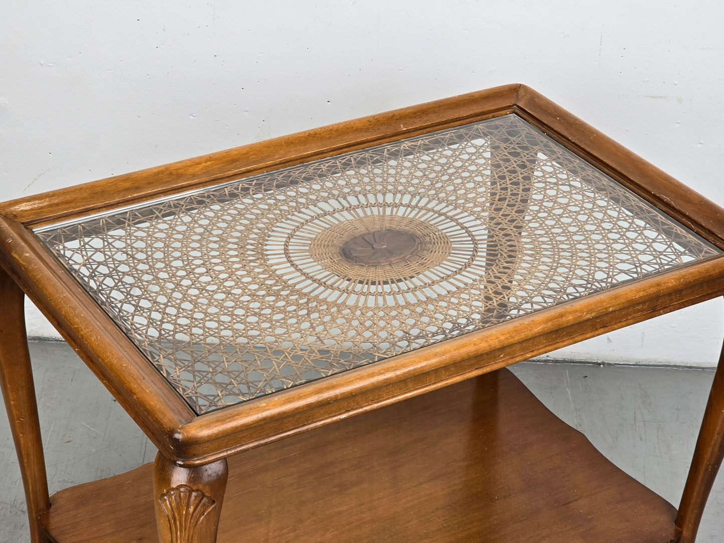 VINTAGE BEISTELLTISCH tisch couchtisch serviertisch geflecht glas holz