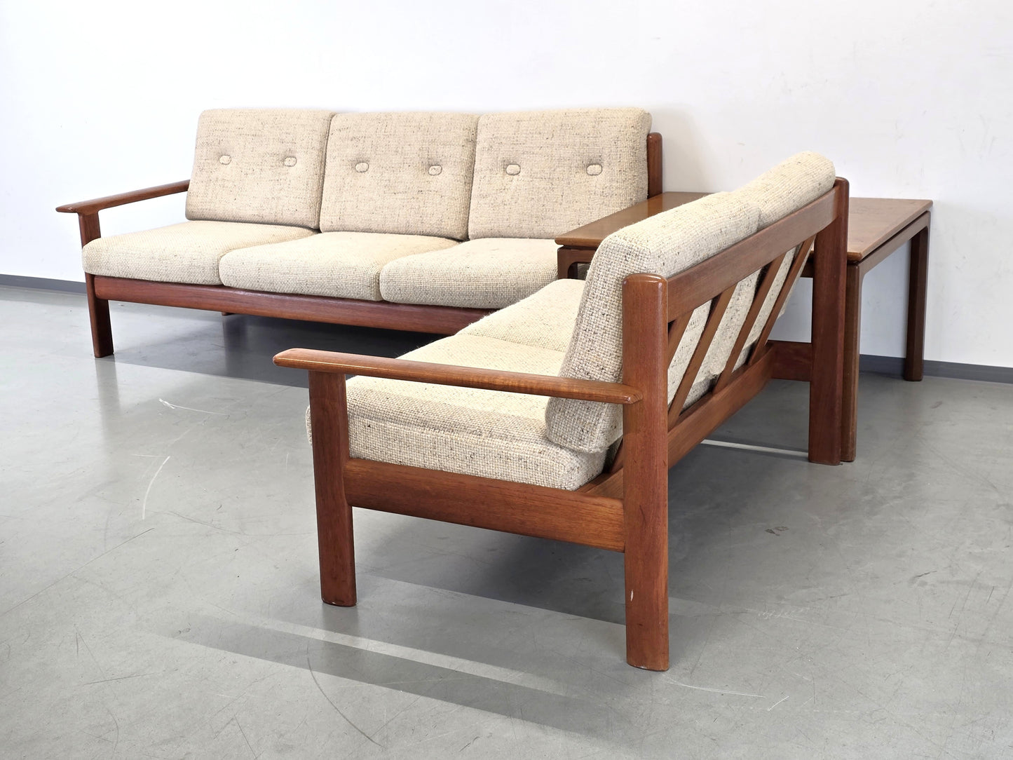 KNOLL ANTIMOTT TEAK SOFA holz couch L ecksofa beige vintage wolle couchtisch