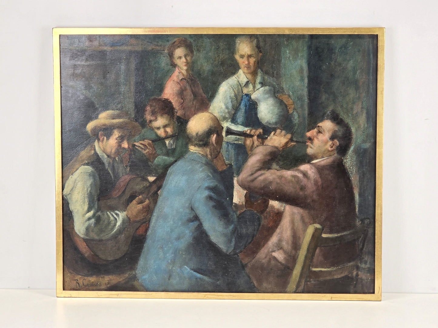 VINTAGE ÖLGEMÄLDE vintage bild gemälde Serenata Rustica gerahmt rahmen gold