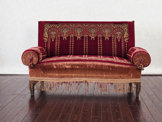 GRÜNDERZEIT SOFA Antik Diwan Samt Orient Prunkbank Kelim-Optik Rot Retro