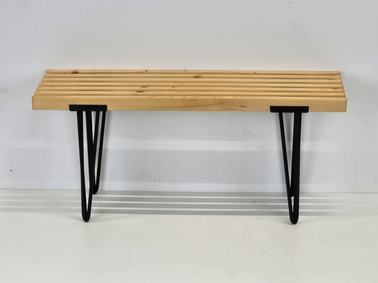 DESIGNER SITZBANK Holz Lattenbank Hairpin Legs Vintage Mid Century Schwarz