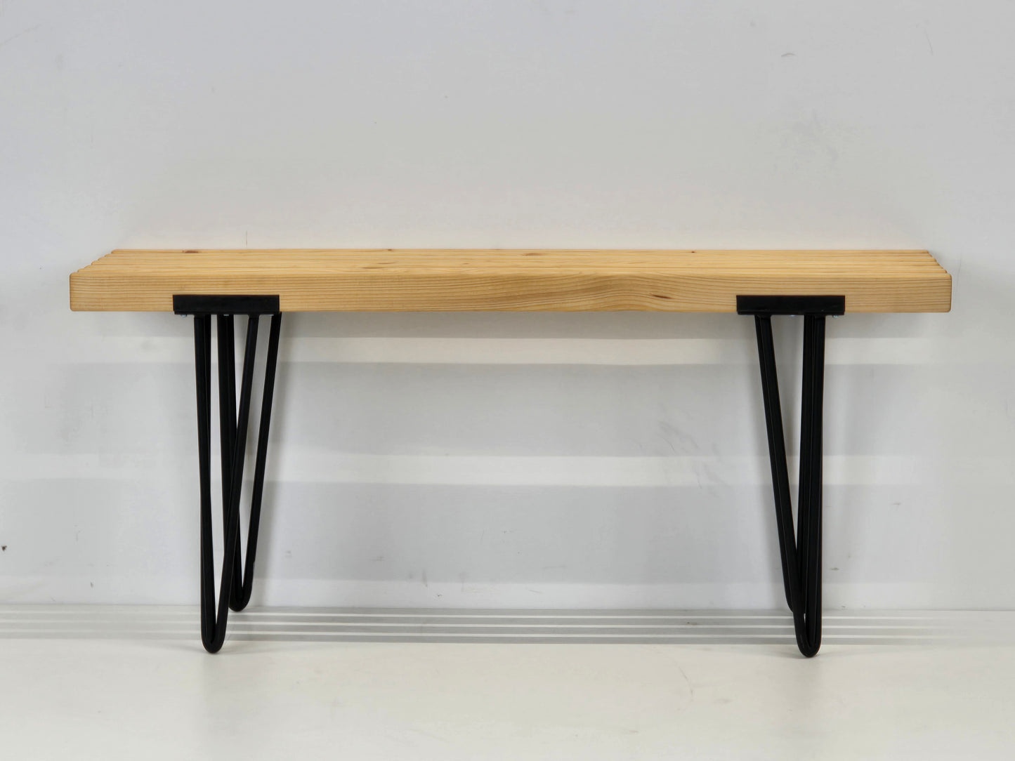 DESIGNER SITZBANK Holz Lattenbank Hairpin Legs Vintage Mid Century Schwarz