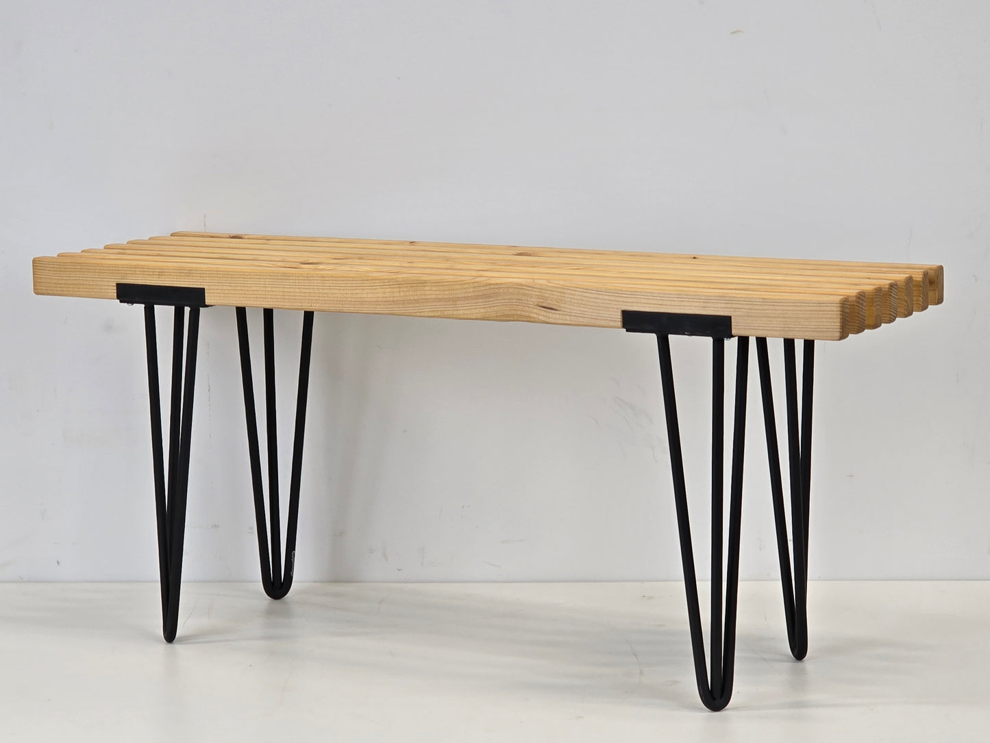 DESIGNER SITZBANK Holz Lattenbank Hairpin Legs Vintage Mid Century Schwarz