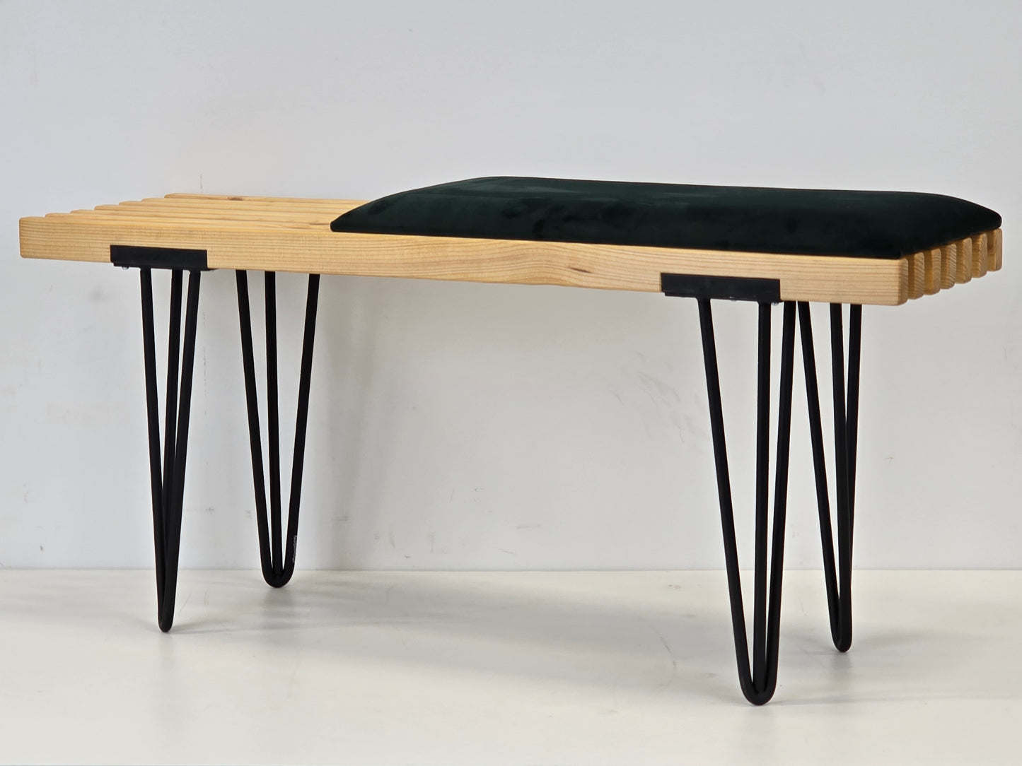 DESIGNER SITZBANK Holz Lattenbank Hairpin Legs Vintage Mid Century Schwarz grün