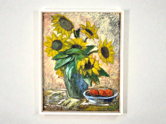 SONNENBLUMEN ÖLGEMÄLDE Stillleben Blumenvase Vintage Kunst Rahmen 78x97cm