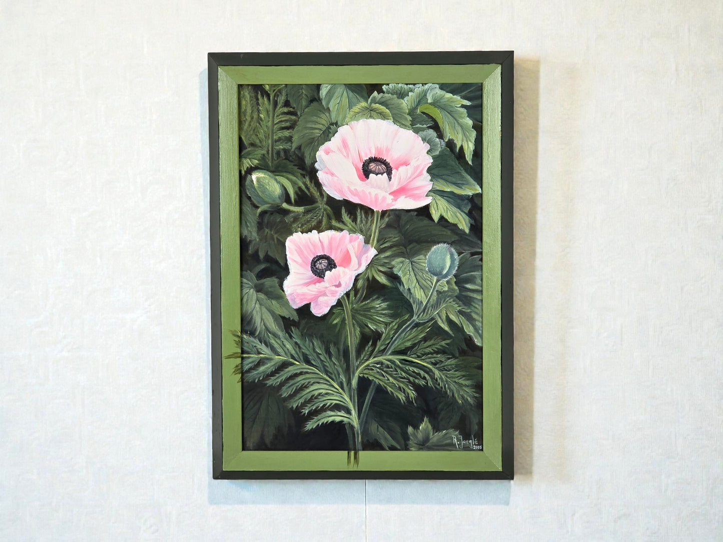 MOHNBLUMEN ÖLGEMÄLDE Blumenbild Rosa Mohn Kunst Signiert Jaeglé Rahmen 48x68cm