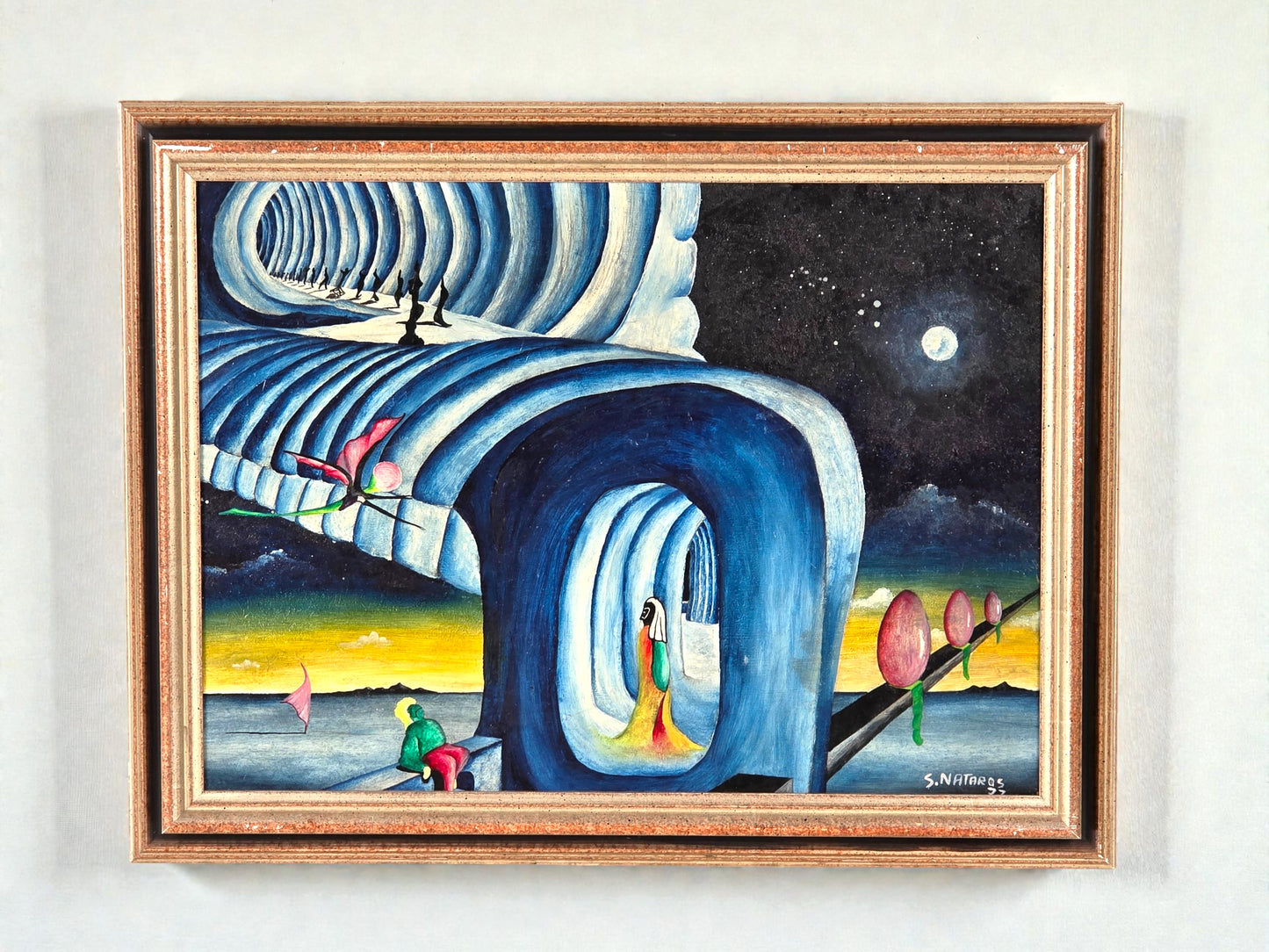 SURREALISMUS ÖLGEMÄLDE S. Nataros 1977 "Die Begegnung" Fantasie Kunst Rahmen