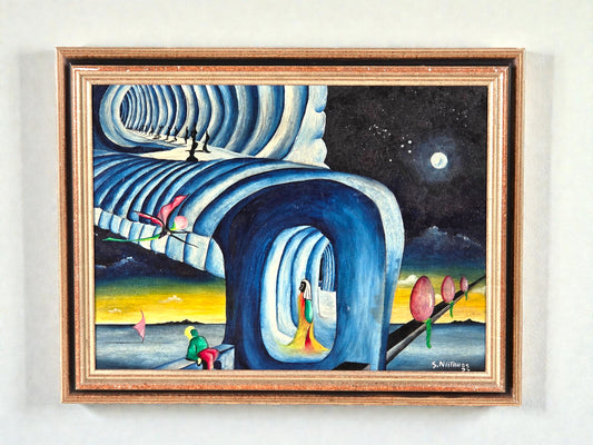 SURREALISMUS ÖLGEMÄLDE S. Nataros 1977 "Die Begegnung" Fantasie Kunst Rahmen
