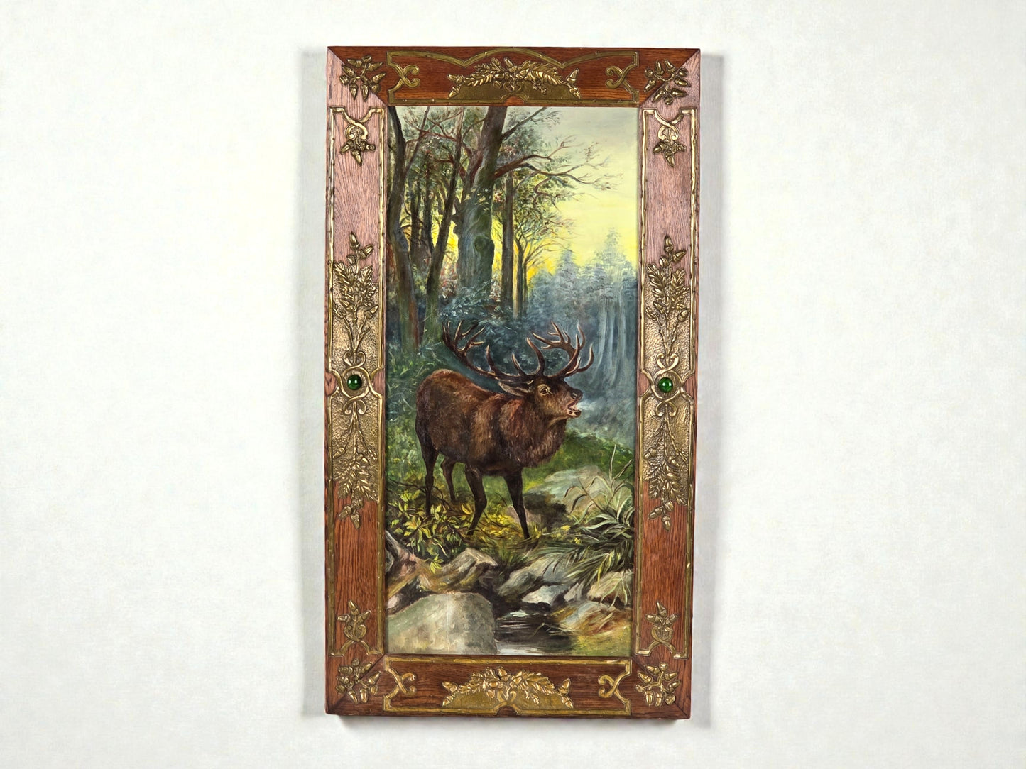 ANTIQUARISCHES ÖLGEMÄLDE Hirsch Jagdmotiv Eichenrahmen Messing Prunkrahmen Jagd