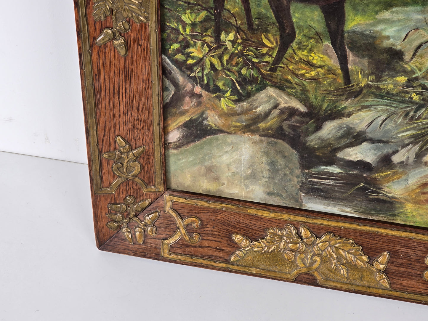 ANTIQUARISCHES ÖLGEMÄLDE Hirsch Jagdmotiv Eichenrahmen Messing Prunkrahmen Jagd