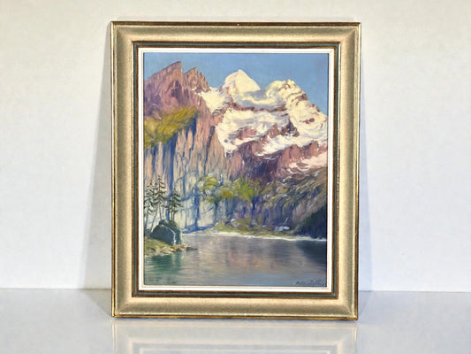 ANTIKES ÖLGEMÄLDE Bergsee Alpen Panorama Schweizer Künstler Signiert Rahmen