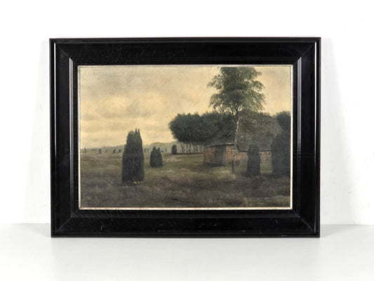P. NANSEN Ölgemälde Heide Landschaft 1915 Antik Rahmen Leinwand Bild Bauernhaus