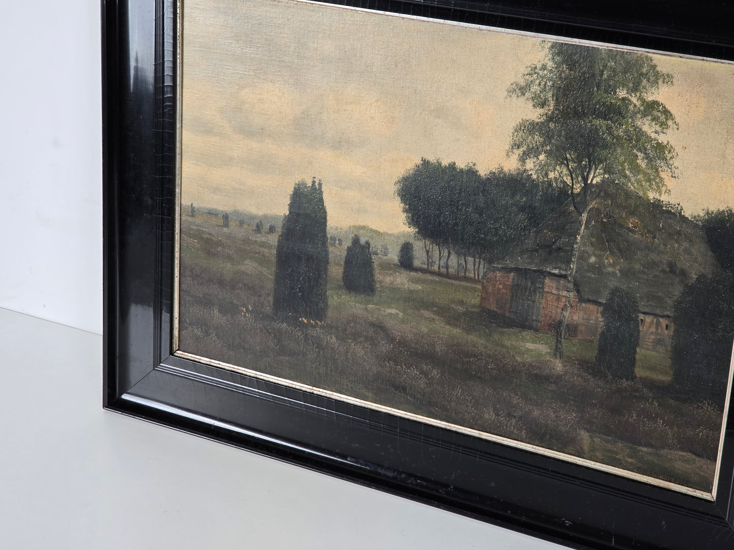P. NANSEN Ölgemälde Heide Landschaft 1915 Antik Rahmen Leinwand Bild Bauernhaus