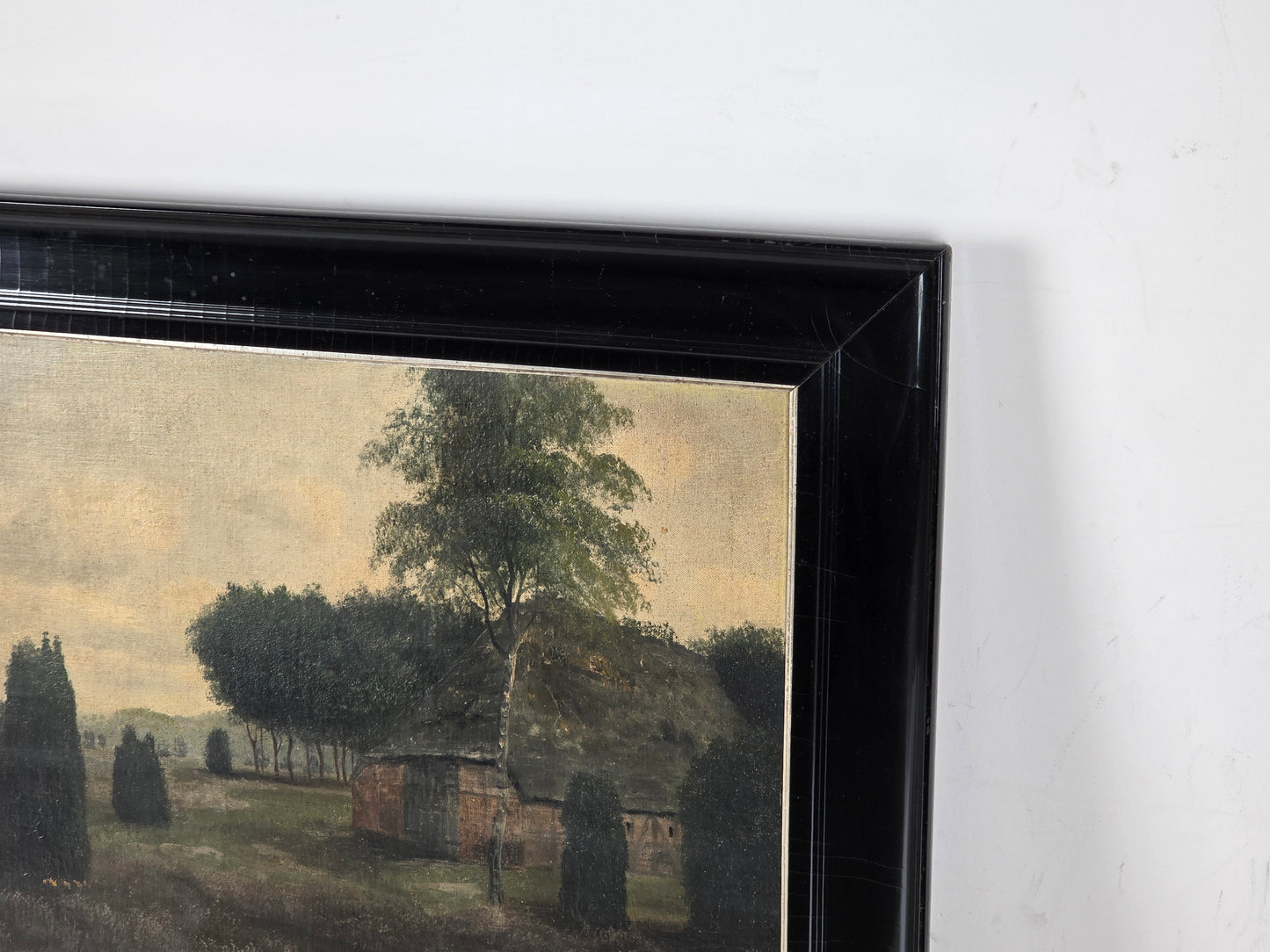 P. NANSEN Ölgemälde Heide Landschaft 1915 Antik Rahmen Leinwand Bild Bauernhaus